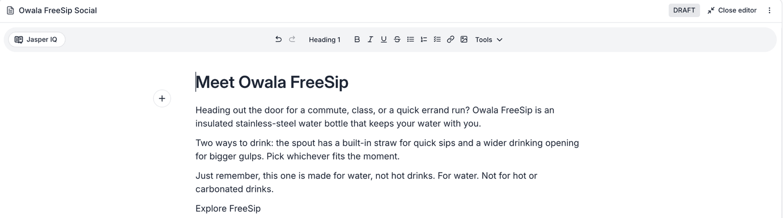 Figure 11. Jasper's Owala social post, original screenshot. The limits mention only hot and carbonated drinks, leaving out perishables.