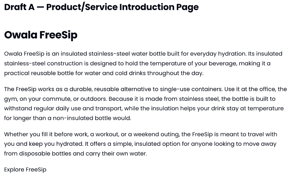 Figure 3. WRITER's Owala product page (sparse brief), original screenshot. Neither "durable," "reusable" nor the insulation comparison is supported by the brief.