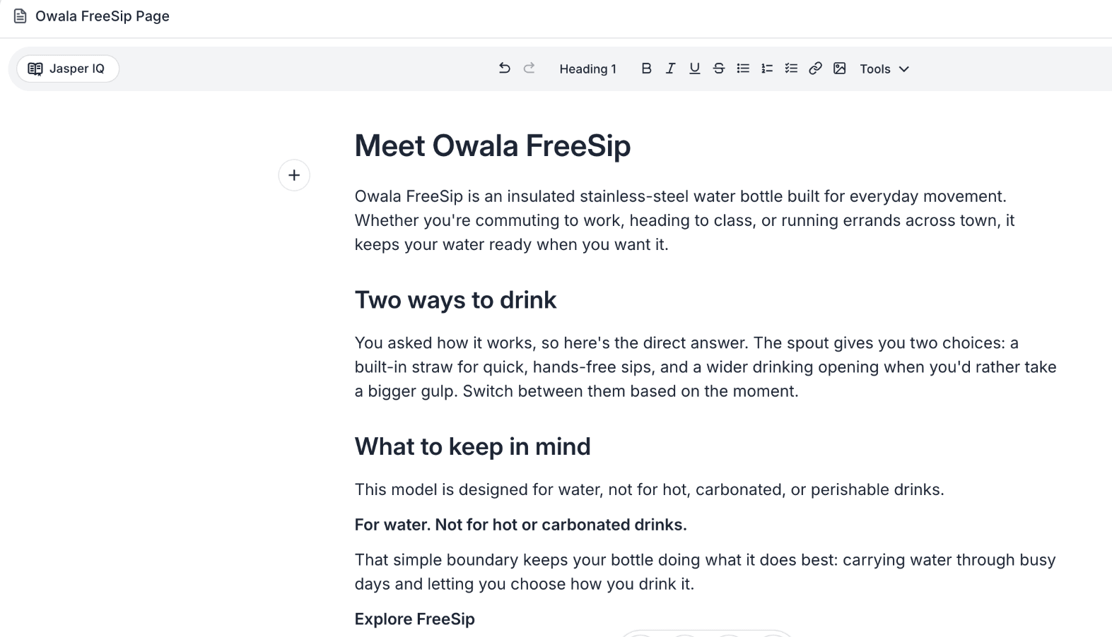 Figure 5. Jasper's Owala product page (full brief), original screenshot. "hands-free sips" has no support in the brief, and "You asked how it works" invents a reader question.