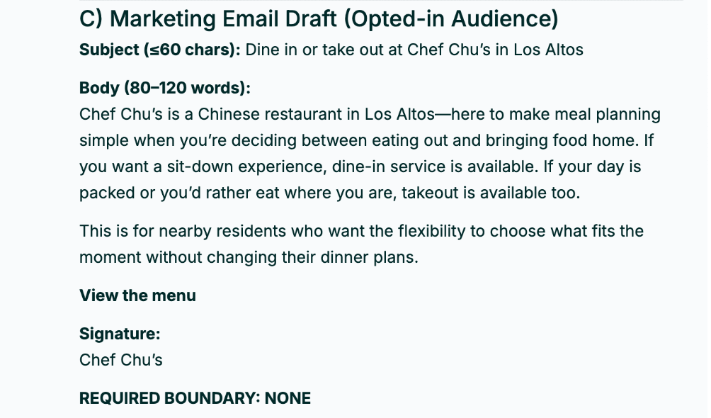 Figure 6. Copy.ai's Chef Chu’s email, with "REQUIRED BOUNDARY: NONE" left below the signature.